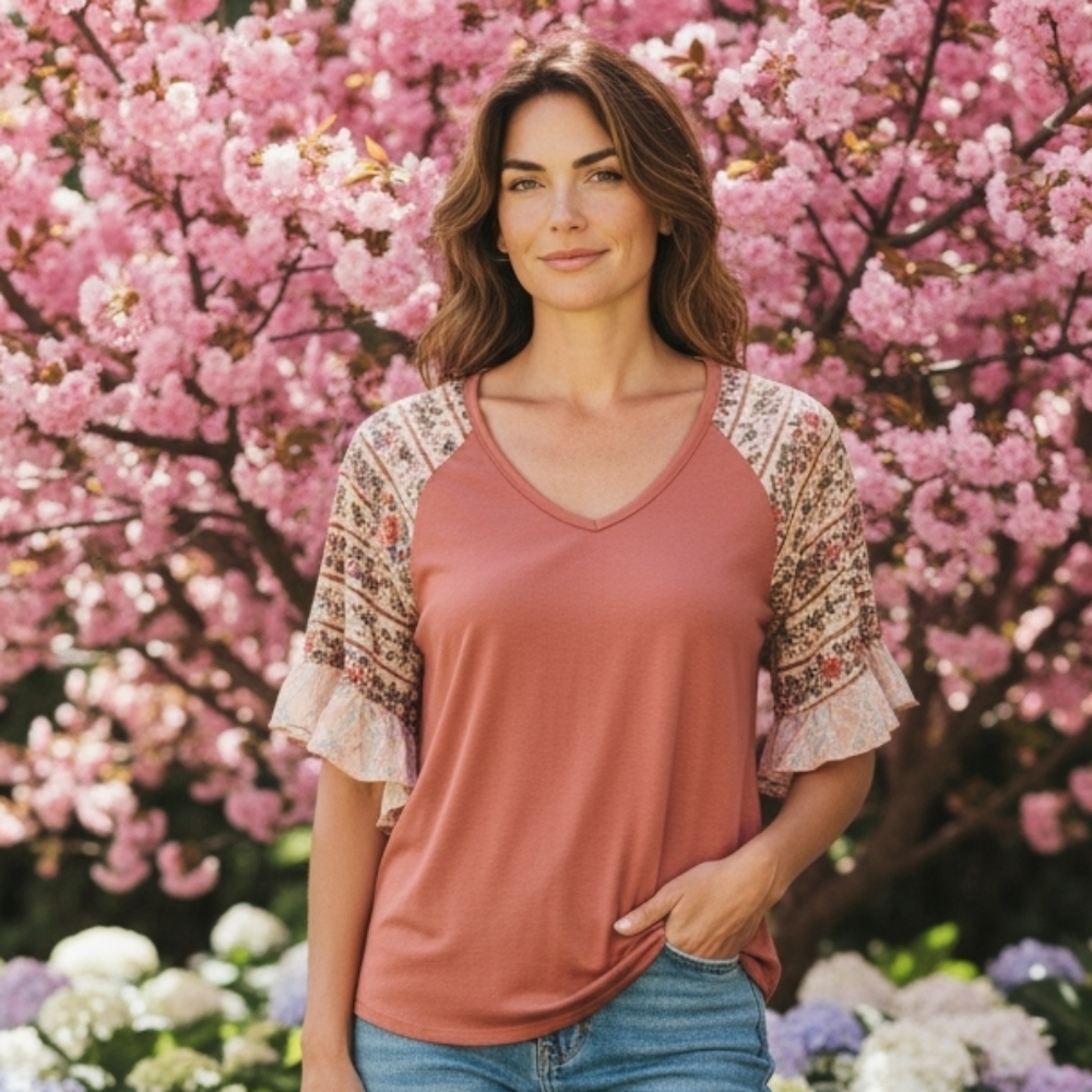 Boho Mauve Top with Sheer Ruffle Sleeves p2p 20